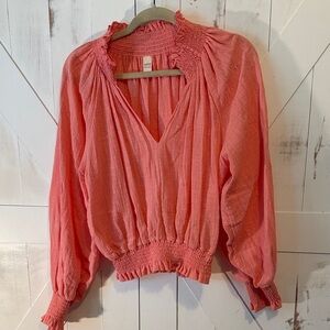 Coral Smocked Women's V Neck Blouse